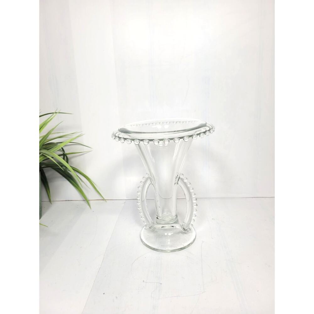 Vintage Imperial Glass Candlewick 7" Clear Two Handled Flared Fan Vase